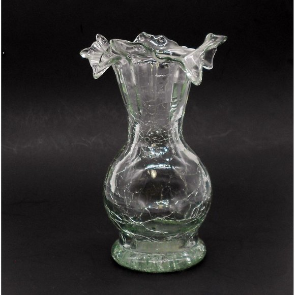 Vintage Smith"s Old Timer Clear Crackle Vase Ozark Art Glass 6.75" Ruffle Top Si - Picture 4 of 7